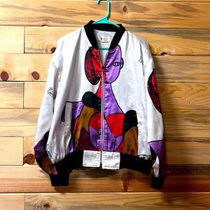 Vintage Picasso Bomber Jacket Windbreaker 90s Zip Up All Over Print Abstract